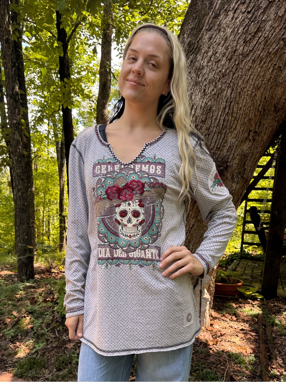 Double D Ranch Sugar Skull Beaded Embroidered Long Sleeve Tee